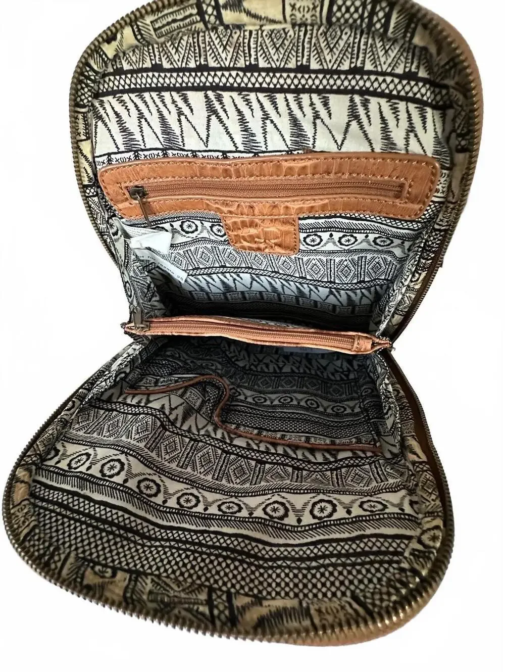 Brown Faux Crocodile Leather Backpack with Patterned Interior